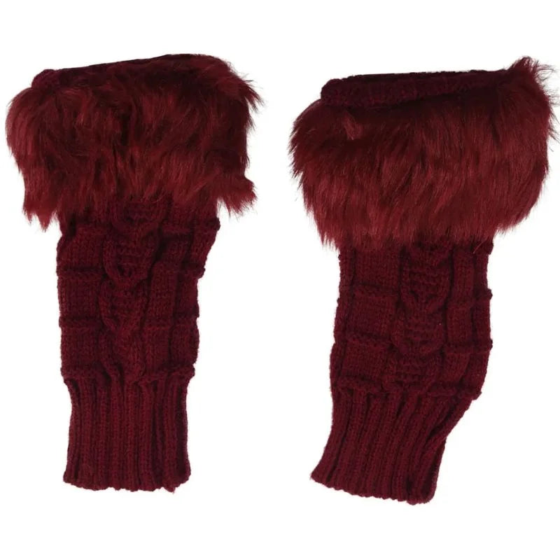Women’s Faux Fur Fingerless Knitted Gloves | Warm Winter Hand Wrist Warmers | Soft, Stylish & Comfortable | Maroon