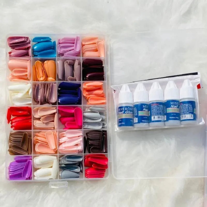 Multicolor Acrylic Artificial Nails Kit | Full Cover Nails with Glue | 24 Shades | 576 Pcs