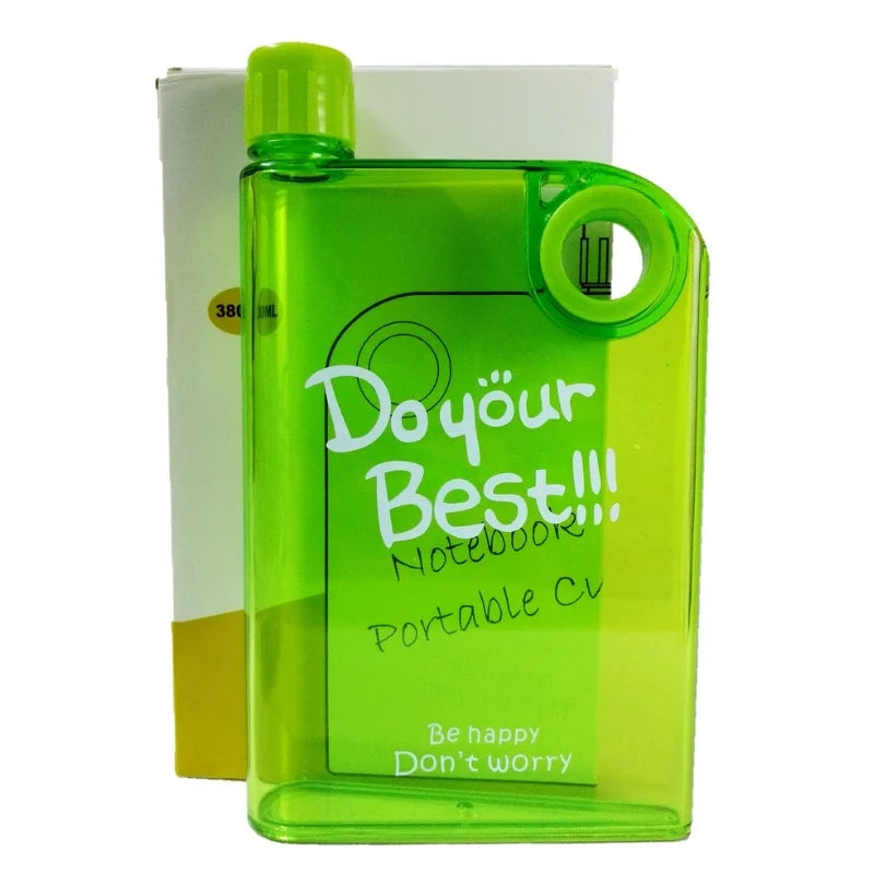 Green Ultra Slim Notebook Style Water Bottle 380ml | Portable Memo Bottle for Travel, School & Office