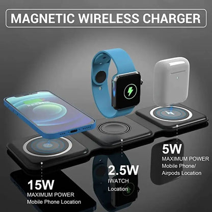 3-in-1 Foldable Magnetic Wireless Charger 15W Charging Station for iPhone Apple Watch and AirPods