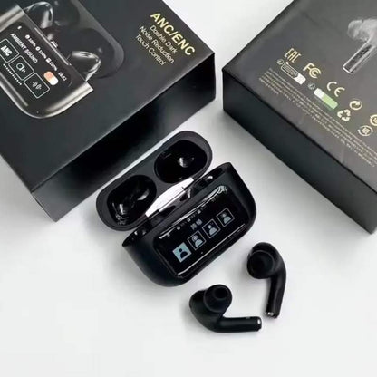 Black A9 Pro ANC Bluetooth 5.4 Wireless Earbuds with Smart Screen and Active Noise Cancellation