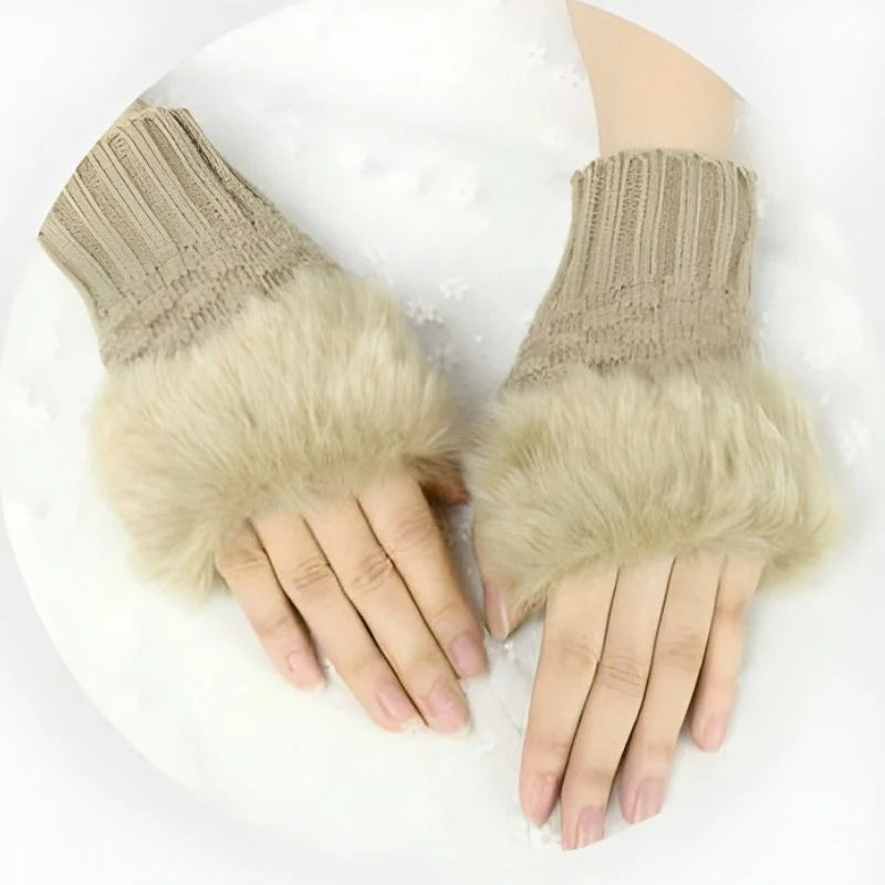 Women’s Faux Fur Fingerless Knitted Gloves | Warm Winter Hand Wrist Warmers | Soft, Stylish & Comfortable | Beige