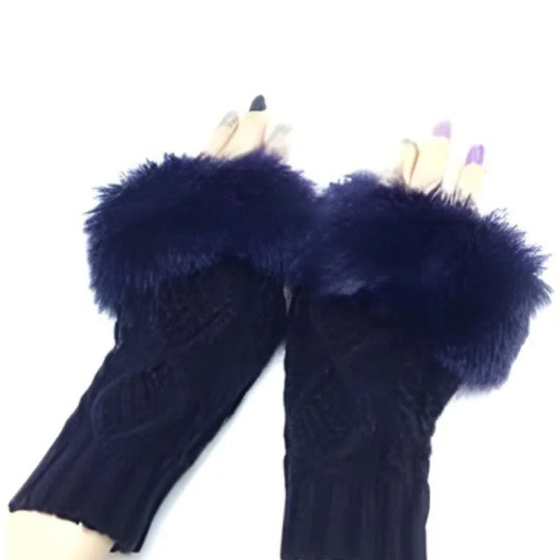 Women’s Faux Fur Fingerless Knitted Gloves | Warm Winter Hand Wrist Warmers | Soft, Stylish & Comfortable | Blue