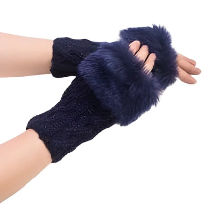 Women’s Faux Fur Fingerless Knitted Gloves | Warm Winter Hand Wrist Warmers | Soft, Stylish & Comfortable | Blue