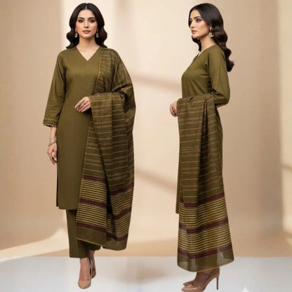 Winter Sussi Silk 3-Piece Suit for Women | Unstitched Plain Shirt & Trouser | Heavy Winter Sussi Shawl |  Olive Green