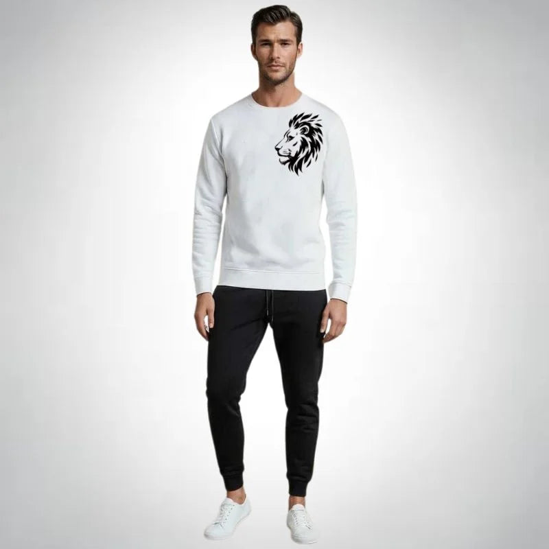 LION Printed White Tracksuit Sweatshirt & Trouser  | Warm & Comfortable Winter Wear | XL
