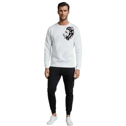 LION Printed White Tracksuit Sweatshirt & Trouser  | Warm & Comfortable Winter Wear | Medium