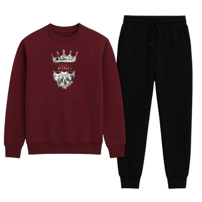 KING Printed Maroon Tracksuit Sweatshirt & Trouser | Warm & Comfortable Winter Wear | Large