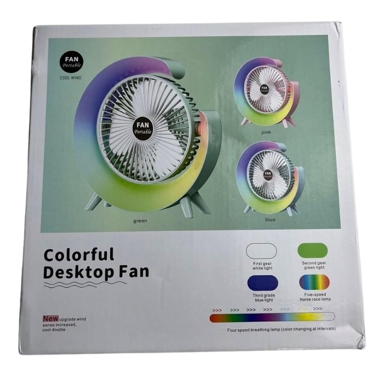 Colorful USB Rechargeable Desktop Fan | Silent Cooling, LED Ambient Light, 3-Speed Rotation