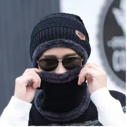 Winter Wool Cap with Neck Warmer Set | Thermal Beanie & Scarf Combo for Men and Women | Black And Gray