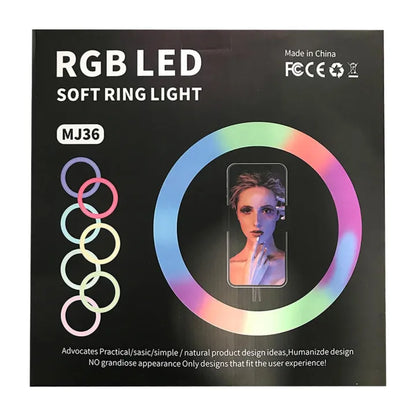 MJ36 RGB LED Ring Light 36cm with 16 Colors, Brightness Control & Phone Holder
